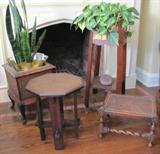 9. English Oak Planter, Danish Caned Planter, Small Arts and Crafts Oak Table, and English Oak Caned Foot Stool