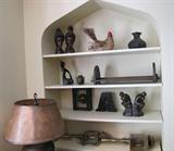 15. Carved Statues, Small Pot, Inuit Statue, Small Roycroft Book Shelf, Antique Book ends, Pair Antique Nautical Brass Lanterns