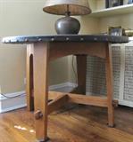 18. Round Stickley Table with Original Leather Top