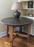 19. Round Stickley Table with Original Leather Top, Arts & Crafts Lamp