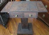 25. Antique Craftsman-made Hand-Burnt Drop-Leaf Lamp Table from Early 1900's