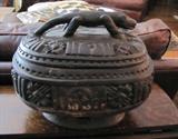 34. African Carved Wooden Covered Bowl with Crocodile Handle