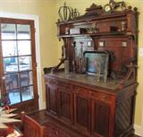 39. Rare Eastlake Walnut Buffet With Beautiful Brown Italian Marble
