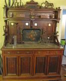 46. Rare Eastlake Walnut Buffet With Beautiful Brown Italian Marble