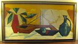 48. Signed Mid-Century Modern Still Life Painting - Oil on Pressed Board - Gold, Greens, Reds, Approx 52" by 28"