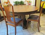 97. Gorgeous Antique American Arts & Crafts Era Pedestal Round Table with Two Leaves; Four English Arts & Crafts Era Chairs