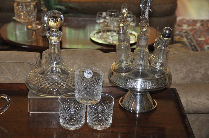 Lovely crystal ships decanter and rocks glasses by Waterford and vintage etched silver condiment carousel 