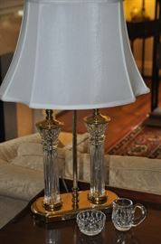 Waterford crystal and brass pillar lamp shown with Waterford cream and sugar. 