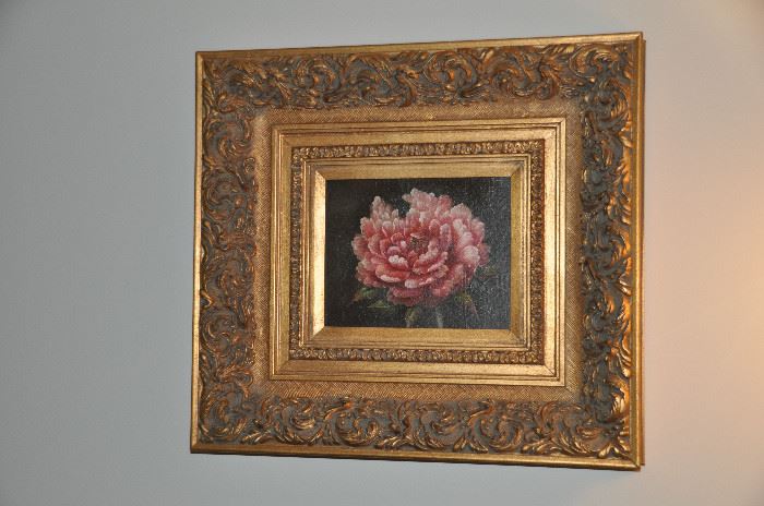 Baroque gold carved wooden frame 22" x 20" floral acrylic on board 