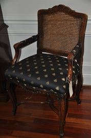 Cane and upholstered French style Louis XV arm chairs 23" x 38" x 20"d (2 available)