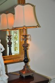 A pair of elegant copper and black 34" table lamp with crystal drops 