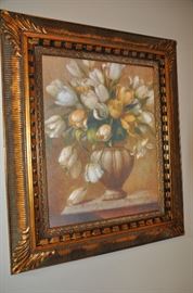 Large Still Life transfer on board framed in a beautiful gold frame. 35” x 41” 