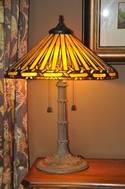 Mission style heavy iron lamp with stained glass shade 30”h