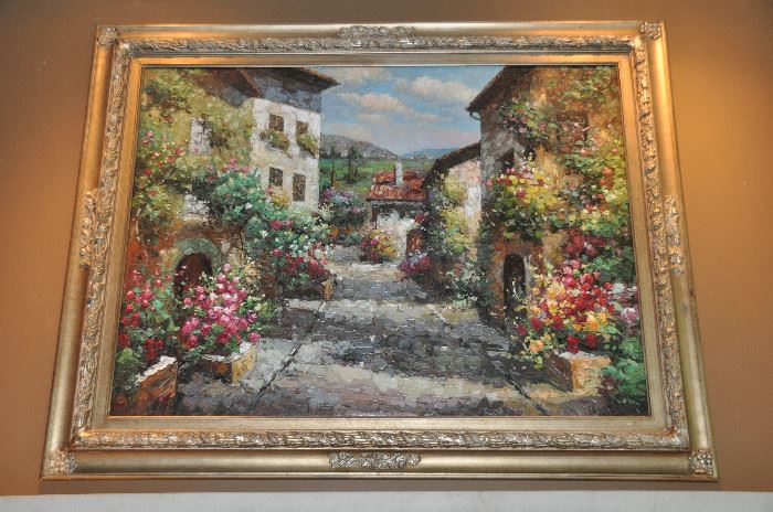 Beautiful large oil on canvas “ Italian Village” by David Gilbert with COA.  58” x 46” 