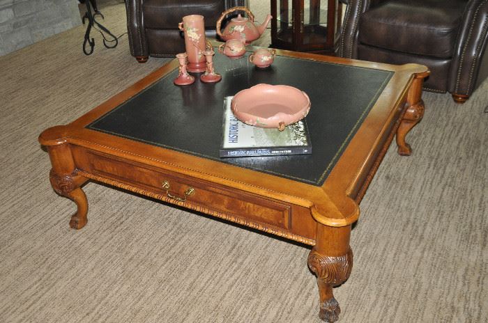 Henredon carved legs and leather top coffee table 36” square x 18”h