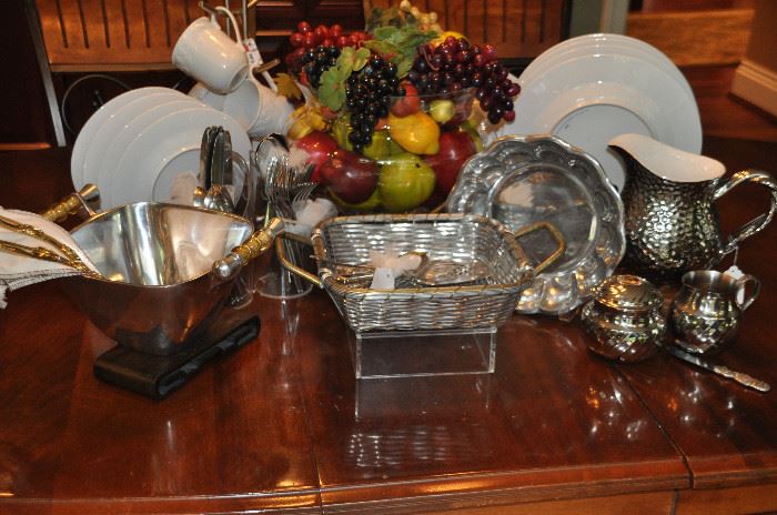 Great silver tone serving pieces including a Reed and Barton Service for 10 flatware set. 