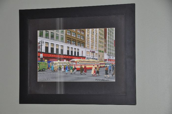 Double signed and matted framed “ Bargain Days Downtown With Kresge 1955 by Michigan artist Paul Adams 17” x 21” 