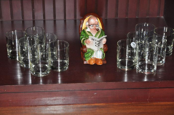 Set of 12 vintage Federal Executive rocks glasses and a vintage Lefton retirement bank! 
