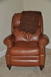 Brown leather vintage recliner with nail head design, 36"w x 41"h x 32"d  