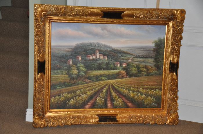 Very large framed art "Winery" transfer on canvas framed in a exquisite black and gold ornate frame, 59.5"w x 48.5"