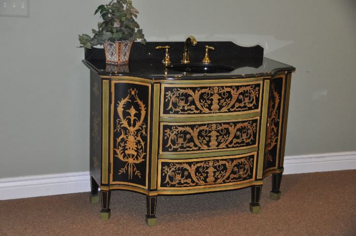 Gorgeous hand painted bathroom vanity with black granite top complete with sink and hardware 47.5" w x 34"h x 22.5"d