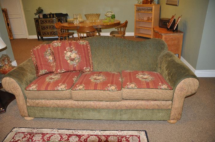 Green, maroon and beige upholstered 86" sofa by V. Craftwork 