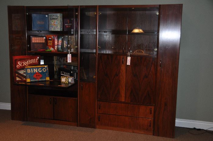 5 piece cherry wall unit with drop down mirrored bar and fantastic storage. 