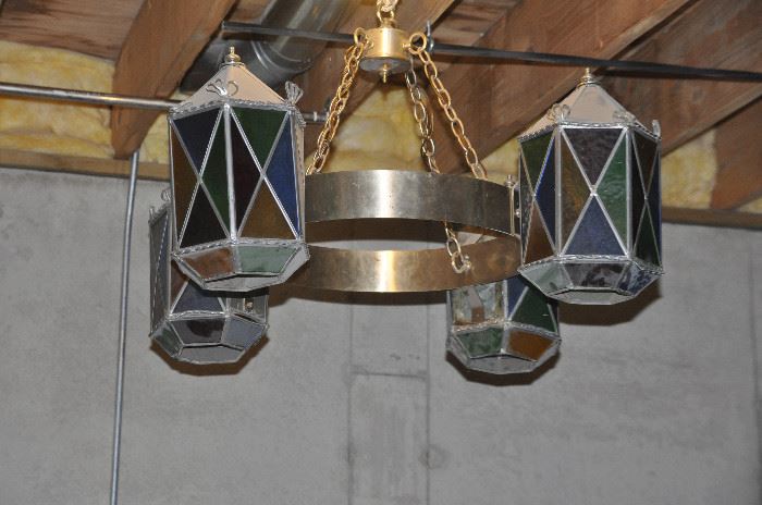 Antique 4 light brass and stained glass chandelier 