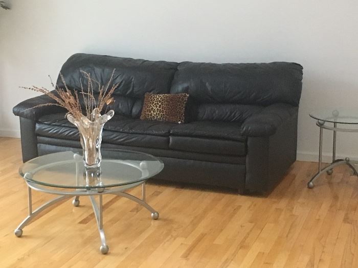 Leather love seat & tables