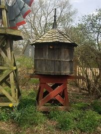 10' Tall Wood Water Tank - Decorative Only. Does not hold water. Approx. 4' diameter. Base is 4' Tall. Tank is approx. 6' with cool finial. Pre-sale $950
