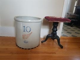 Redwing crock; needlepoint piano stool