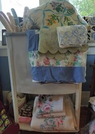 vintage linens; metal wash tub