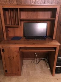 Desk with hutch, 2 straight back chairs and other misc furniture