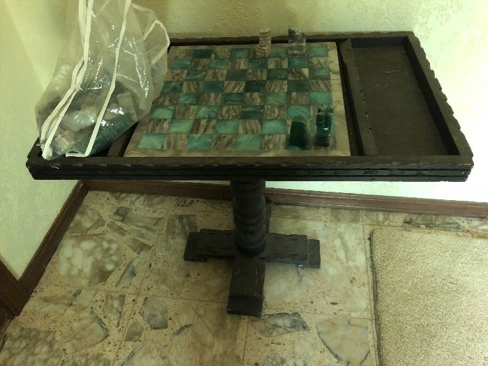 Wood game table vintage and antique marble chess set