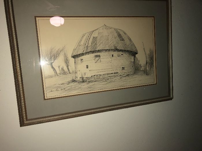 Hand sketched and framed (signed) arcadia round barn. Also have another matching sketch of another barn