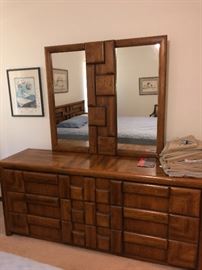 Mid century brutalist wood dresser and mirror, king headboard and two nightstands