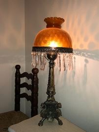 Antique amber chandelier lamp! Wooden straight back chair