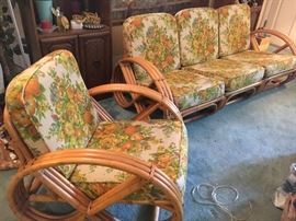 Vintage Calif-Asia rattan “pretzel” chair and 3-piece sofa—use together or separate.