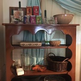 Vintage wooden shelf and kitchenware.