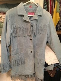 Vintage blue leather fringed jacket.