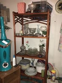 Large rattan shelf, glassware.
