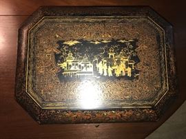 Antique Black lacquered and gold Chinese sewing box