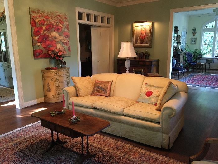Nice yellow damask upholstered sofa and federal revival style drop leaf coffee table