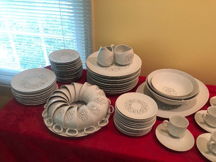 Raymond Loewy Vintage Continental China, Script Pattern Serving Oval Bowls, Creamer Sugar, 9 salad plates, 14 cups and saucers, 10 dinner plates, 12 dessert plates