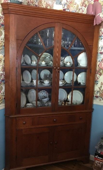 Poplar with Old Cherry Finish, Corner Cabinet w/Original Glass c1800s,  Available for Pre-Sale $1,200 (email cindy@thetimefinders.net for appt ) 