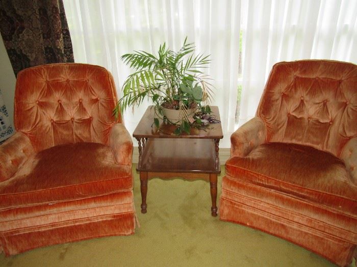 Retro Orange Swivel Chairs with Tufted Backs (pair), Maple End and Coffee Tables
