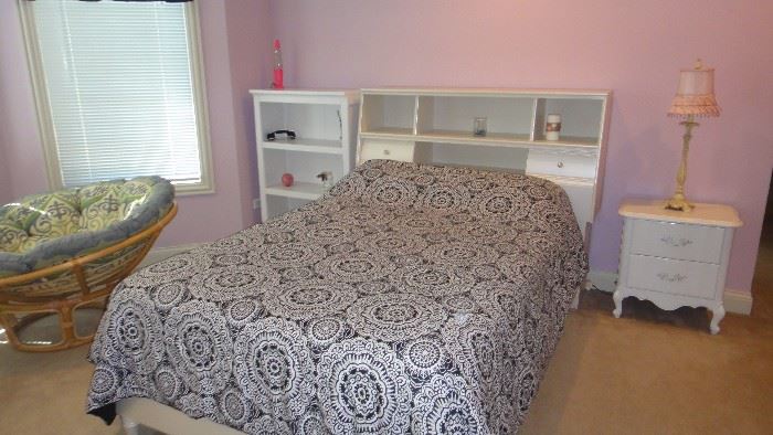 Full size bed, nightstands, bookshelves, matching dresser, chest, and desk 