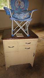 Vintage enamel top kitchen cabinet, childs folding chair