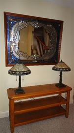 Stain Glass Mirror, Console Table,  Prairie style lamps 