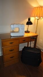 Desk, Singer Sewing Machine, floor lamp